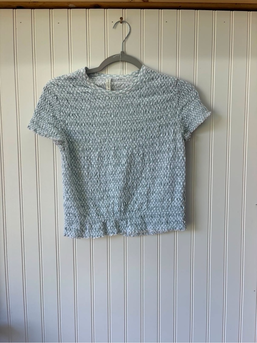 American eagle smocked cropped Light Blue gingham Short-Sleeve Knit Tee